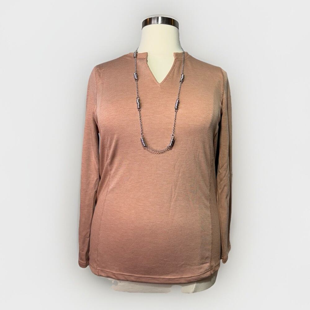 Mono B Tunic 1XL Light Terracotta Long Sleeve Ribbed Sides Split Neck Soft Top
